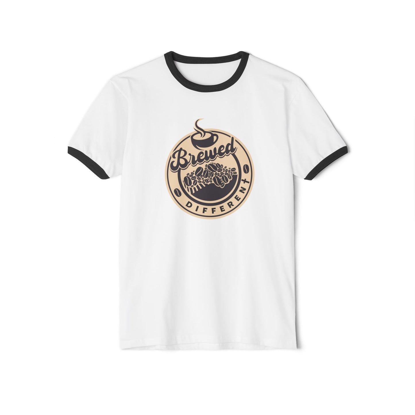 White t-shirt with black ringer sleeves and a circular logo on a white background from Not Hell Bound
