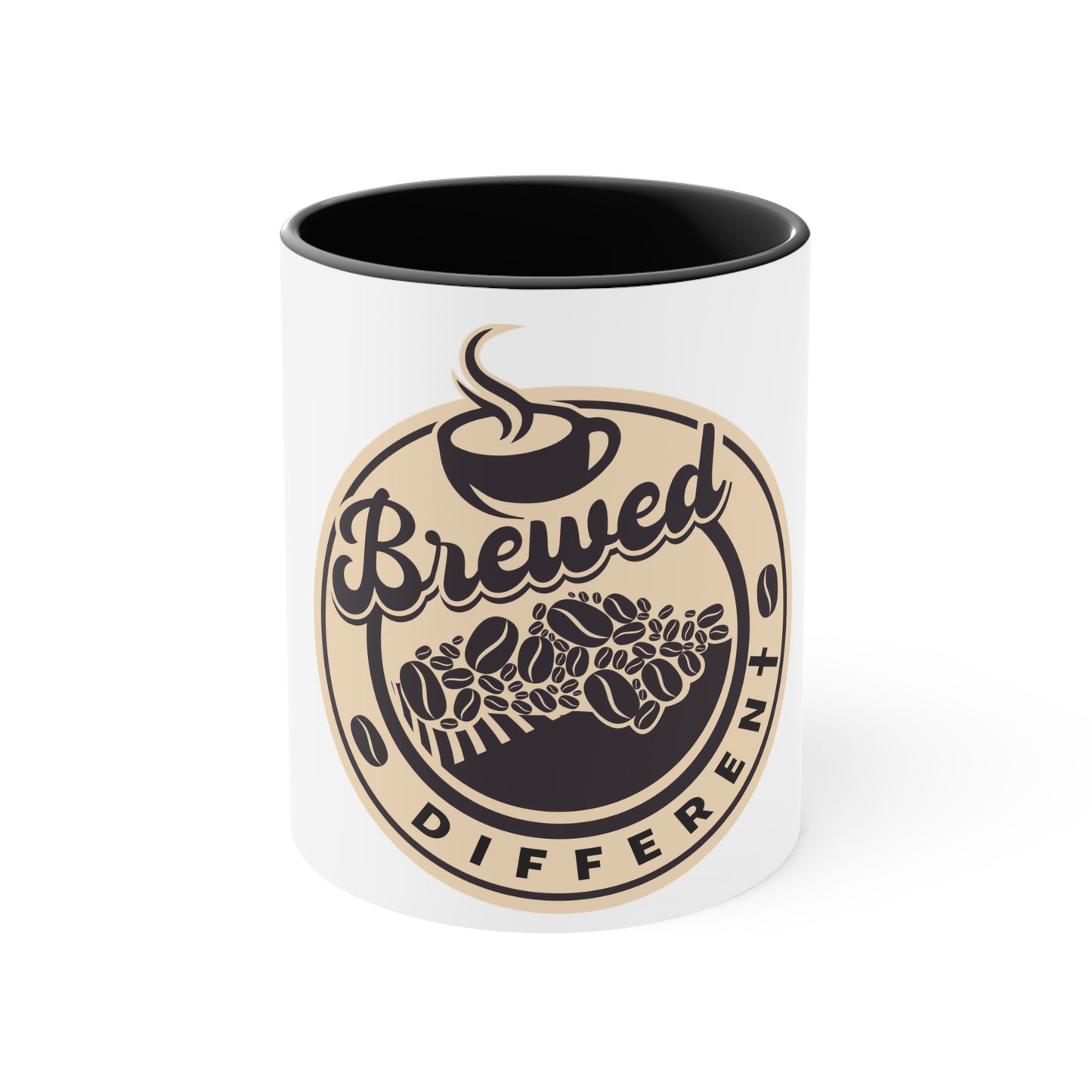 White mug with black interior and 'Brewed Different' logo on a white background from Not Hell Bound