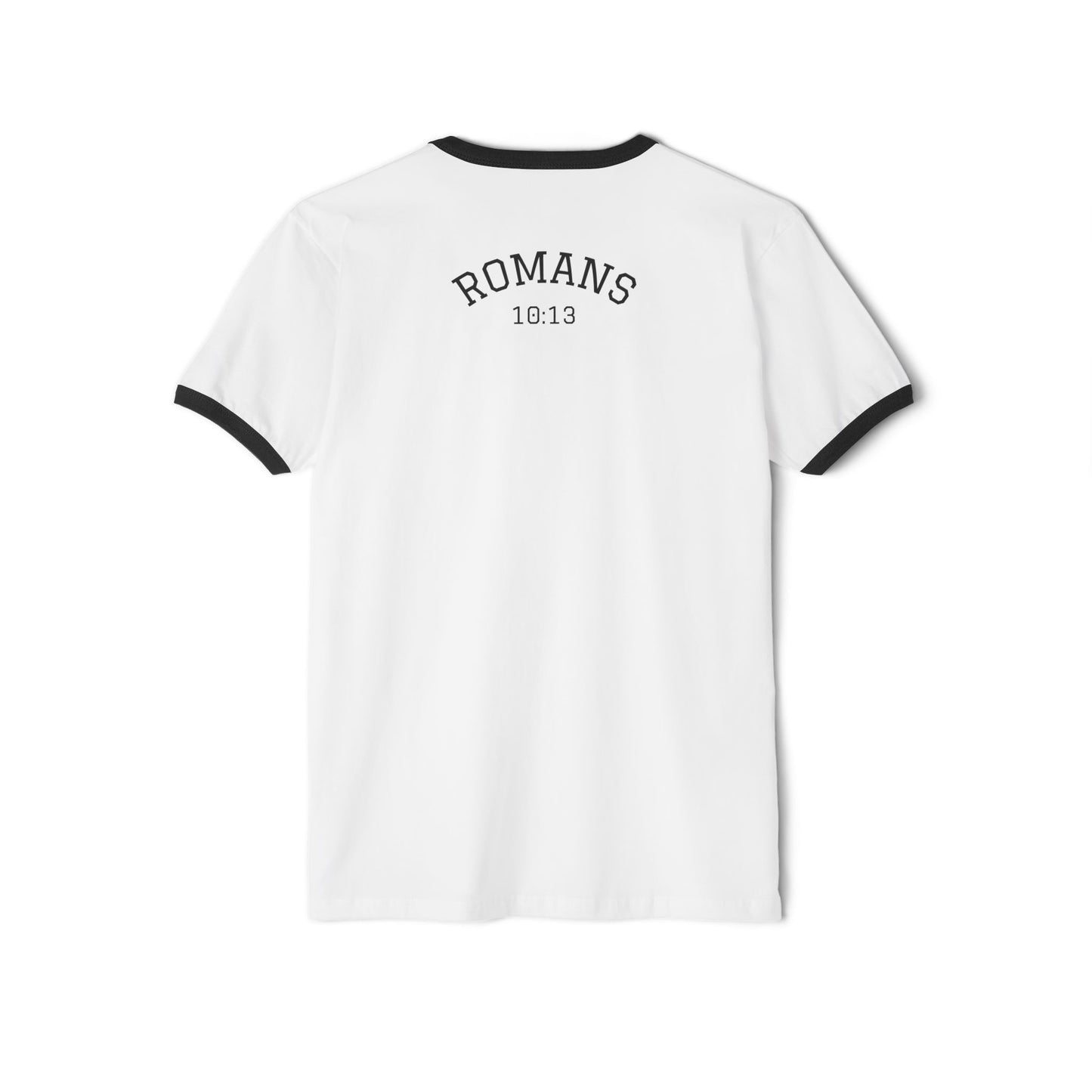 White t-shirt with black trim and 'ROMANS 10:13' text on a white background from Not Hell Bound