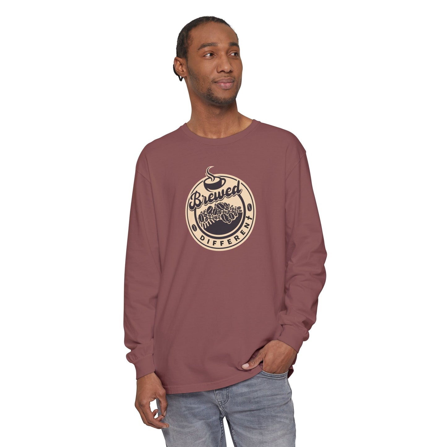 Brewed Different Long Sleeve Tee — Coffee Graphic "Brewed Different" with Romans 10:13 Back