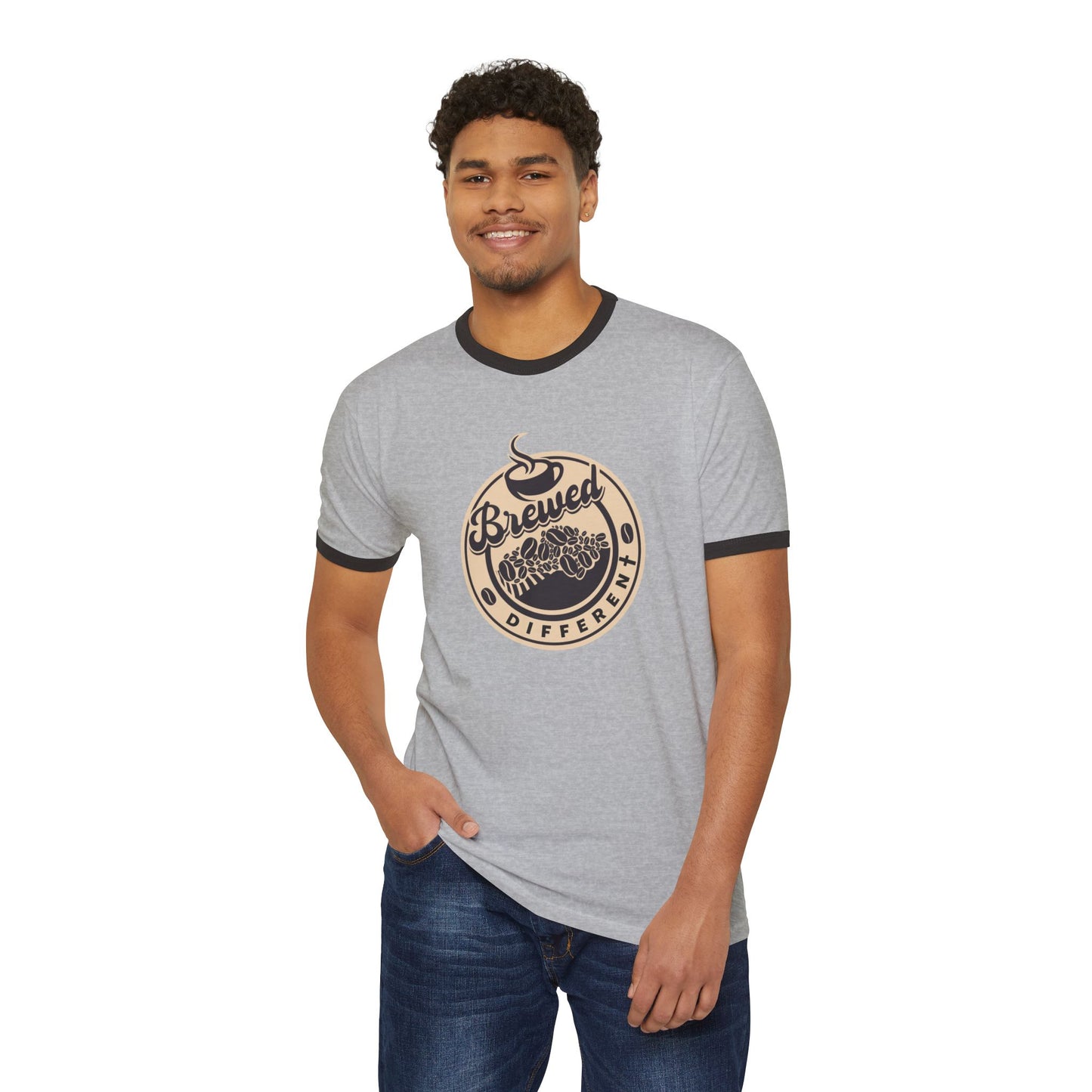 Coffee Lover Ringer T-Shirt — "Brewed Different" Retro Coffee Graphic