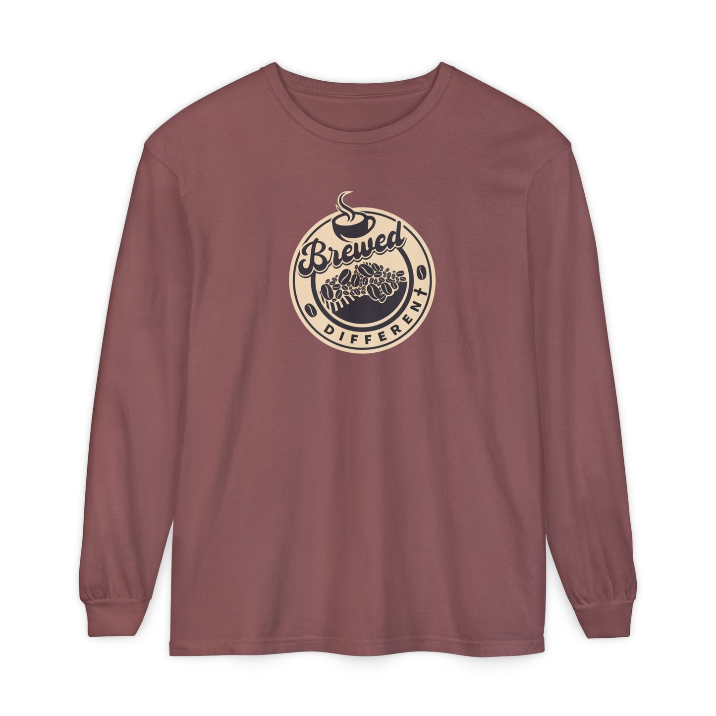 Brewed Different Long Sleeve Tee — Coffee Graphic "Brewed Different" with Romans 10:13 Back