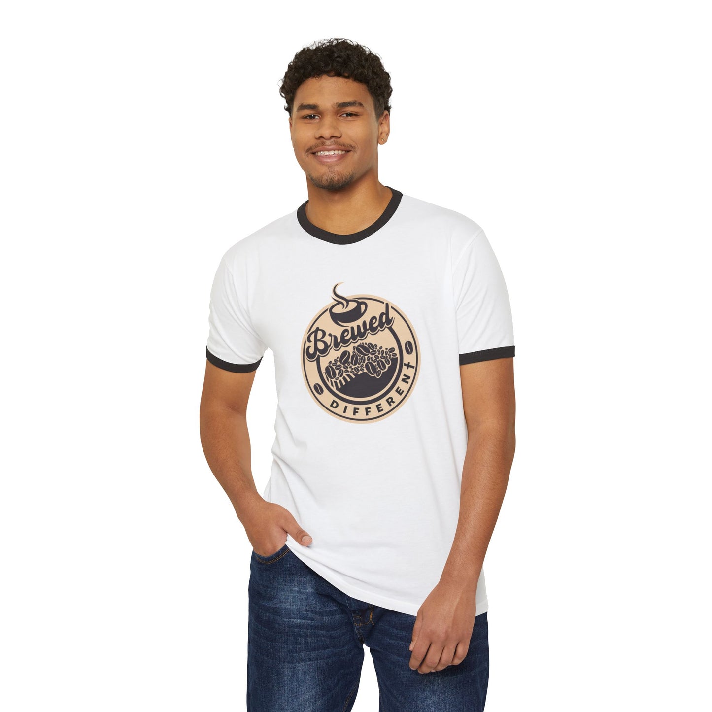 Coffee Lover Ringer T-Shirt — "Brewed Different" Retro Coffee Graphic