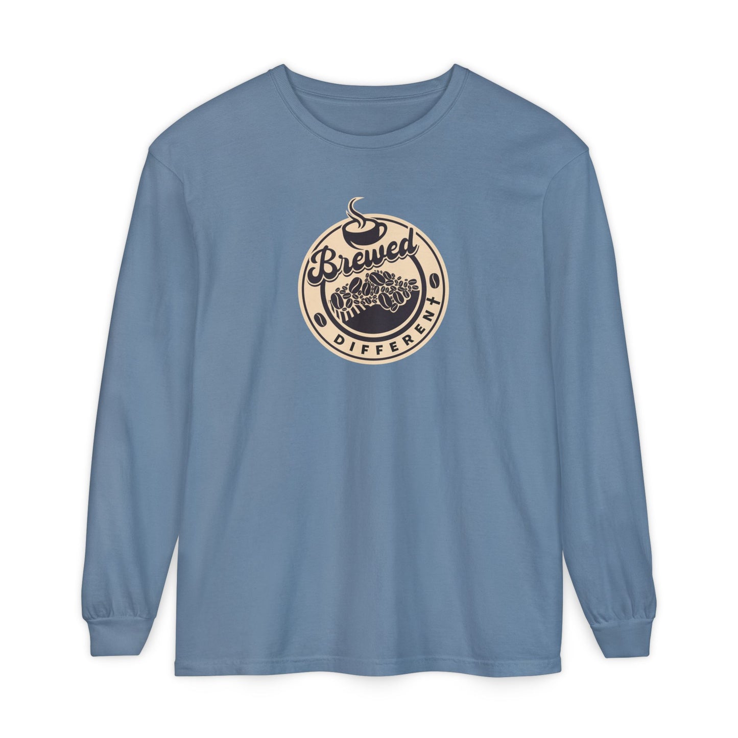 Brewed Different Long Sleeve Tee — Coffee Graphic "Brewed Different" with Romans 10:13 Back