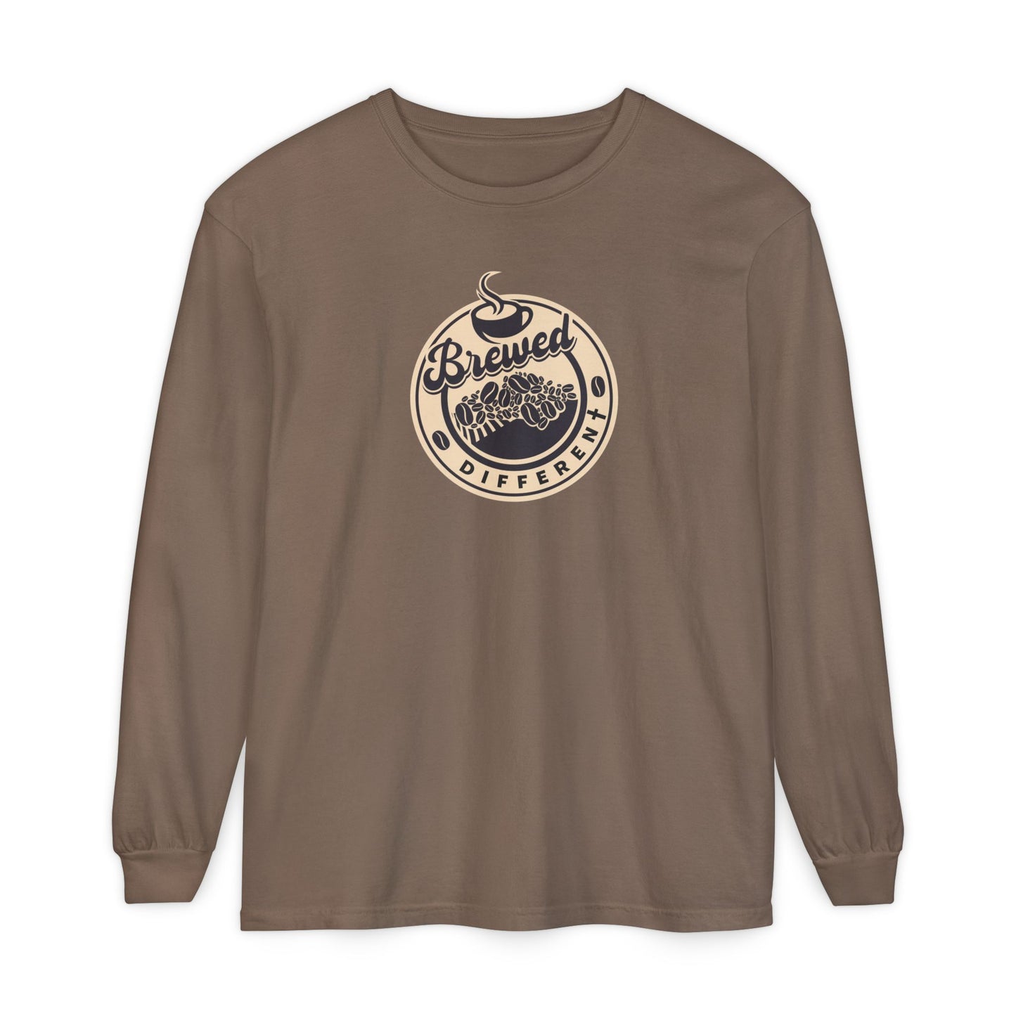 Brewed Different Long Sleeve Tee — Coffee Graphic "Brewed Different" with Romans 10:13 Back