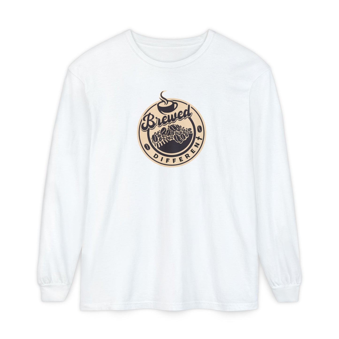 Brewed Different Long Sleeve Tee — Coffee Graphic "Brewed Different" with Romans 10:13 Back
