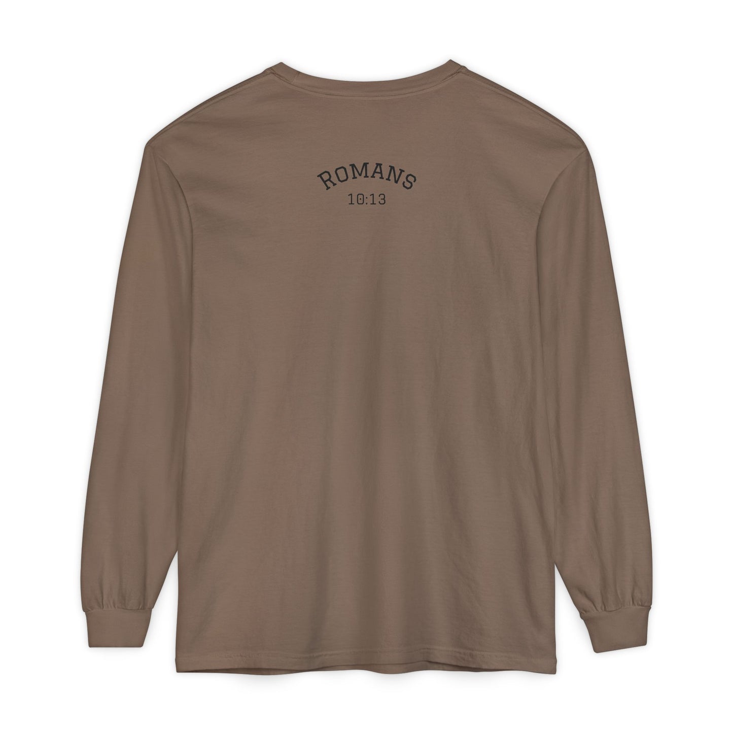 Brewed Different Long Sleeve Tee — Coffee Graphic "Brewed Different" with Romans 10:13 Back