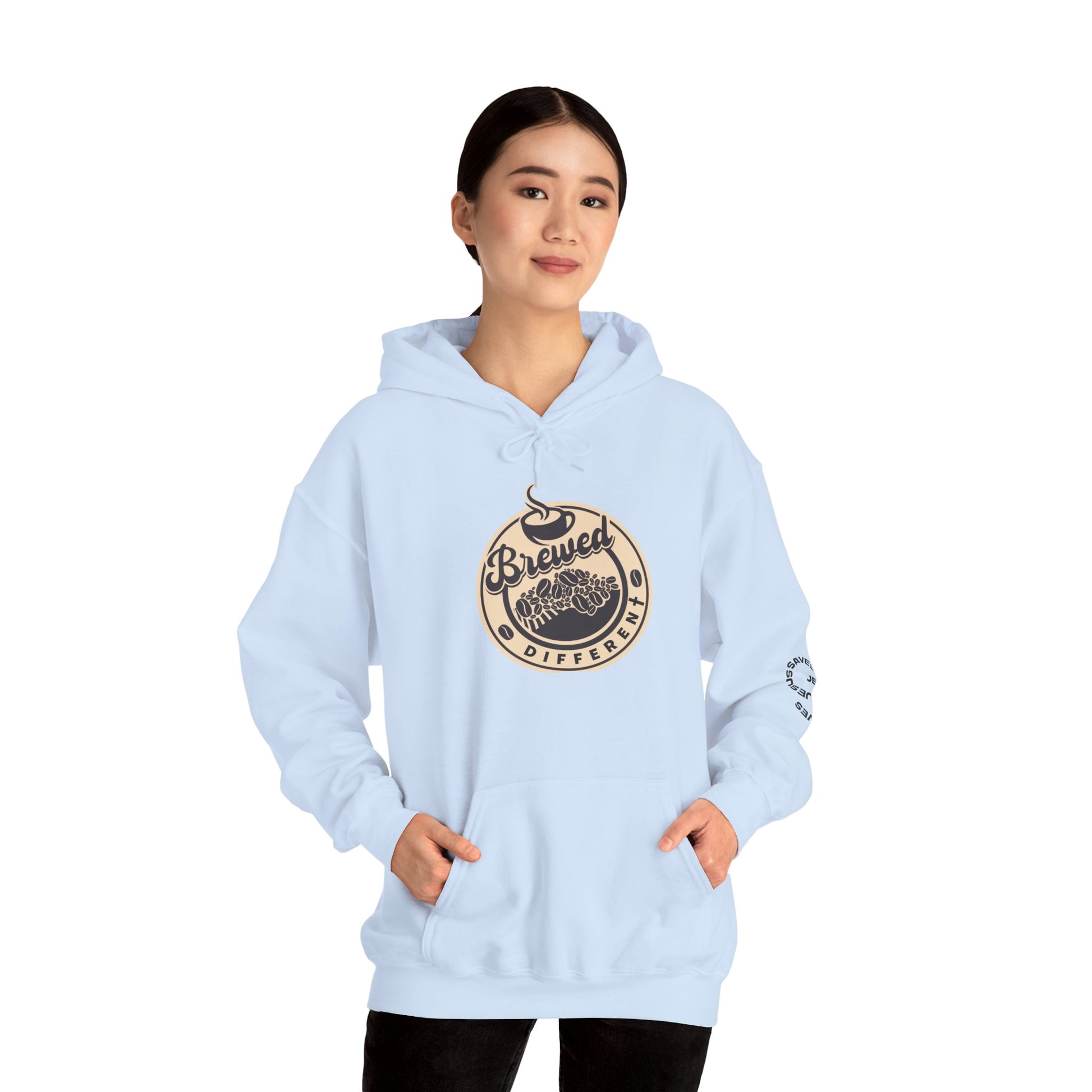 Light blue hoodie with a logo worn by a person on a white background from Not Hell Bound